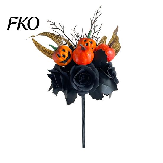 Matte Black Rose Stems Halloween Flowers Bouquet Decorations, Artificial with Pumpkin Eucalyptus Maple Leaf And Orange Floral Stems, Indoor