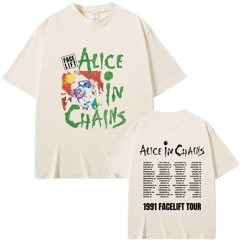 Rock Band Alice in Chains Face Lift Tour 1991 Tshirt Unisex Women Punk Casual Oversized Tshirt Tops Male Fashion Pure Cotton Tees