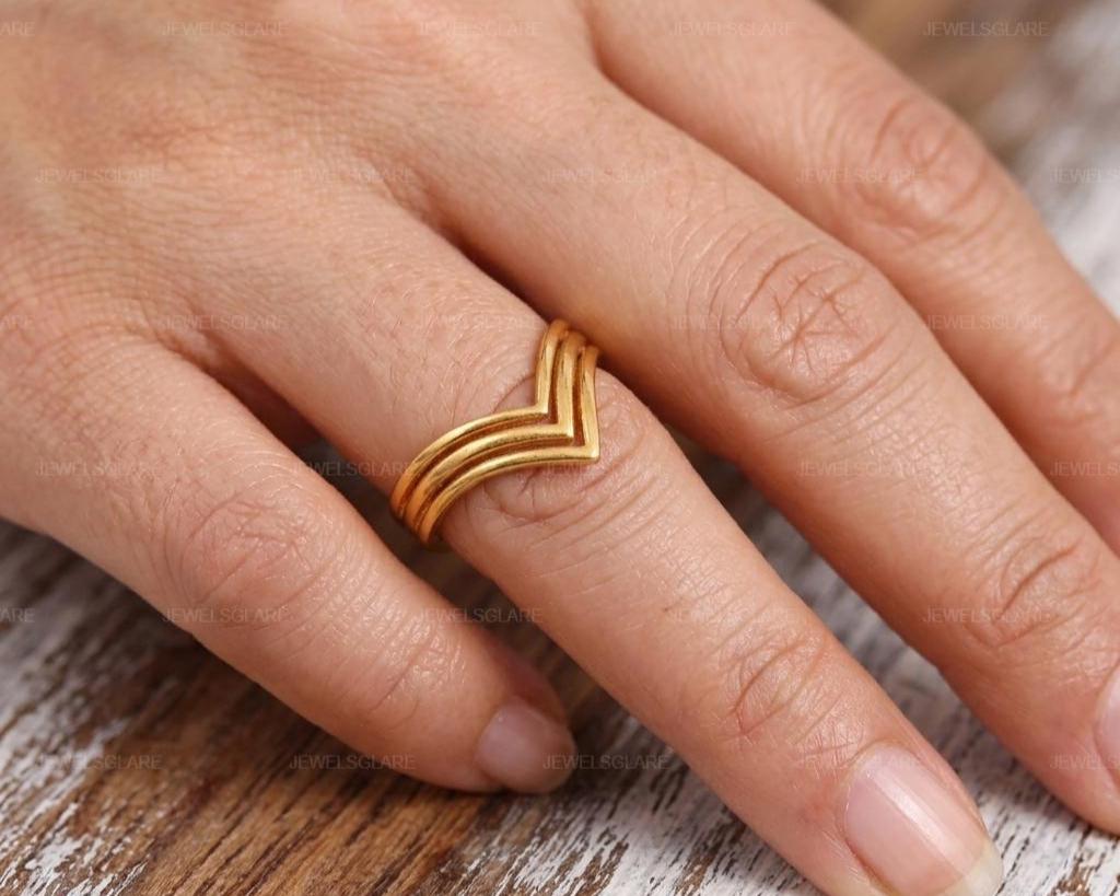 14k Gold Chevron Wishbone Ring, Minimalist V Shape Wedding Band
