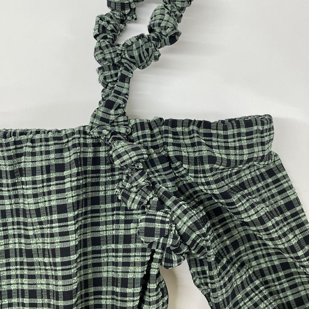GANNI Green x Black Nylon Blend Seersucker Check Off-Shoulder One-Piece dress 32 Green x blackUsed