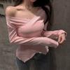 Korean Style Long Sleeve Solid Color T Shirts Women Sexy V-neck Split Womens Fashion Casual Top Tee Shirt