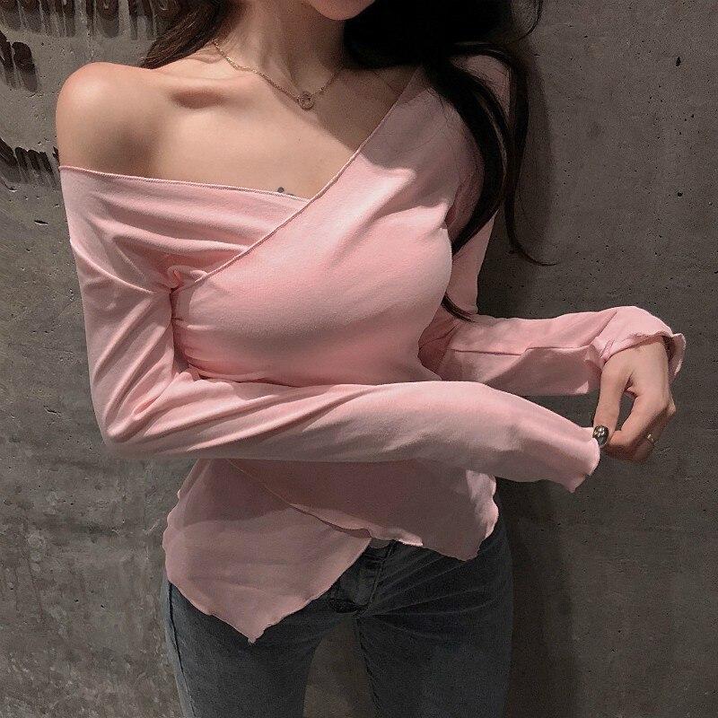 Korean Style Long Sleeve Solid Color T Shirts Women Sexy V-neck Split Womens Fashion Casual Top Tee Shirt