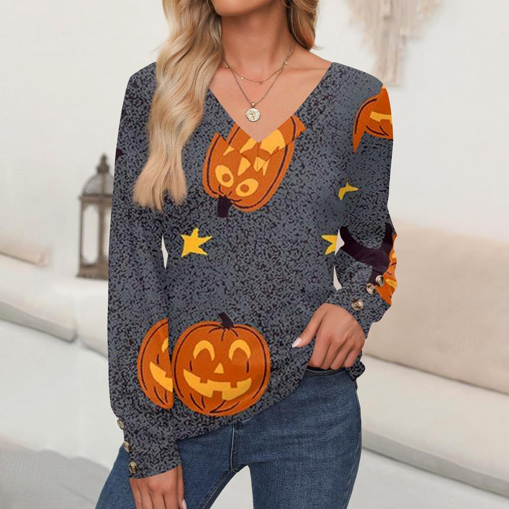 Women's Tops Halloween Printed Long Sleeve Shirt V Neck Casual Loose T-Shirt Autumn Clothing