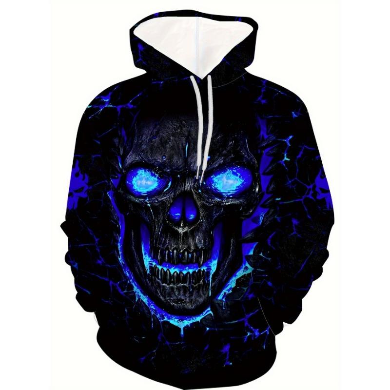 Men Black Blue Lightning Skull Print Hoodie Drawstring Pocket Long Sleeve Casual Pullover Sweatshirt