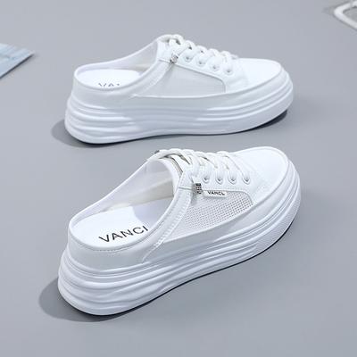 W1755 Полутапочки Женская обувь Летняя новая стелька, увеличивающая рост Верхняя одежда с толстой подошвой Маффин Половина поддержки Белые туфли Лето