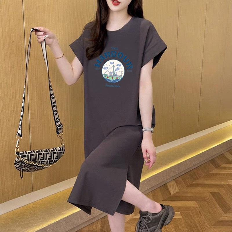 Korean summer women's large size long knee dress short sleeve T-shirt skirt women's fashion split letter print dress