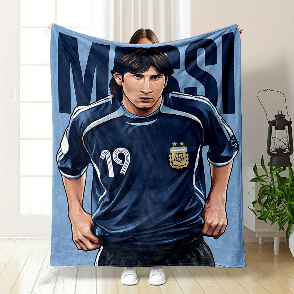 Soccer Star in Blue Jersey Patterned flannel blanket perfect for the bedroom living room, sofa, or a little nap