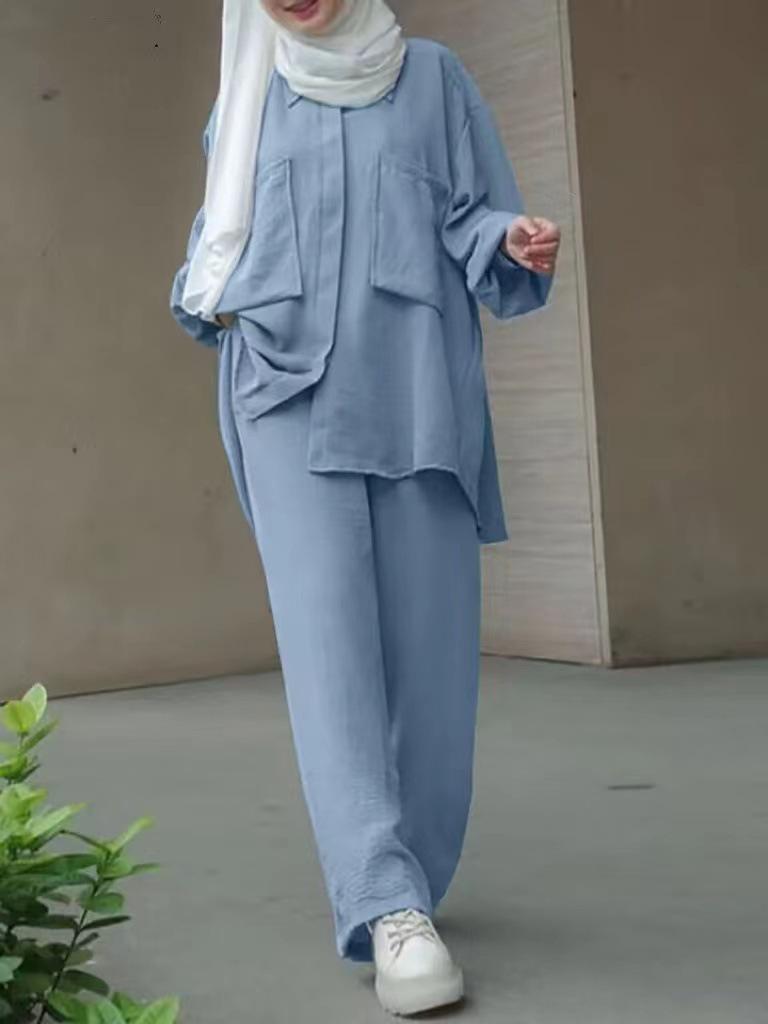 2024 Middle East Muslim Long Sleeve Shirt & Elastic Waist Pants Set with Patch Pocket & Hidden Placket, Yarn-Dyed