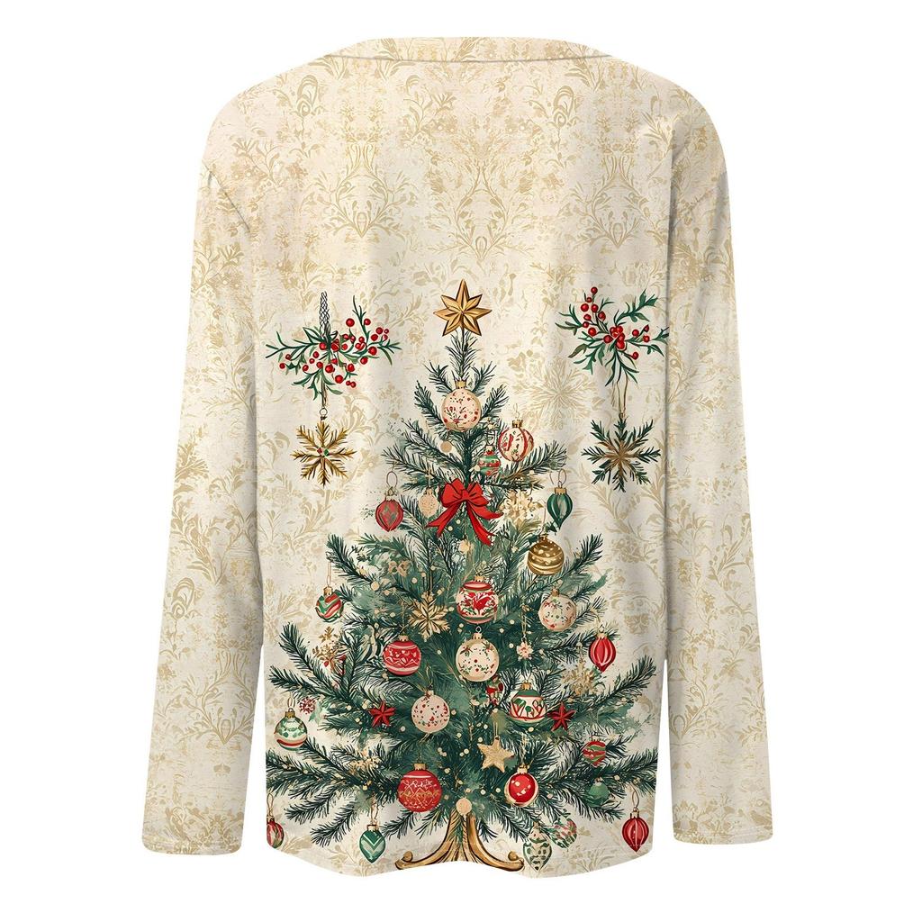 Женская мода повседневный рождественский принт круглый вырез длинный рукав пуловер топ