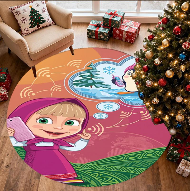 Masha and the Bear Pattern Round Rug, Indoor/Outdoor Mat, for Picnic, Gameroom, Bedroom, Office, Living Room, Home Decor Carpet, Birthday Gift