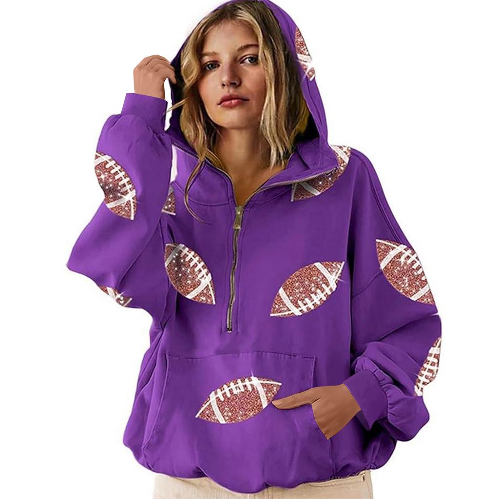 Женская спортивная рубашка с пайетками в стиле регби и карманами, с длинным рукавом, на молнии до середины груди, с капюшоном