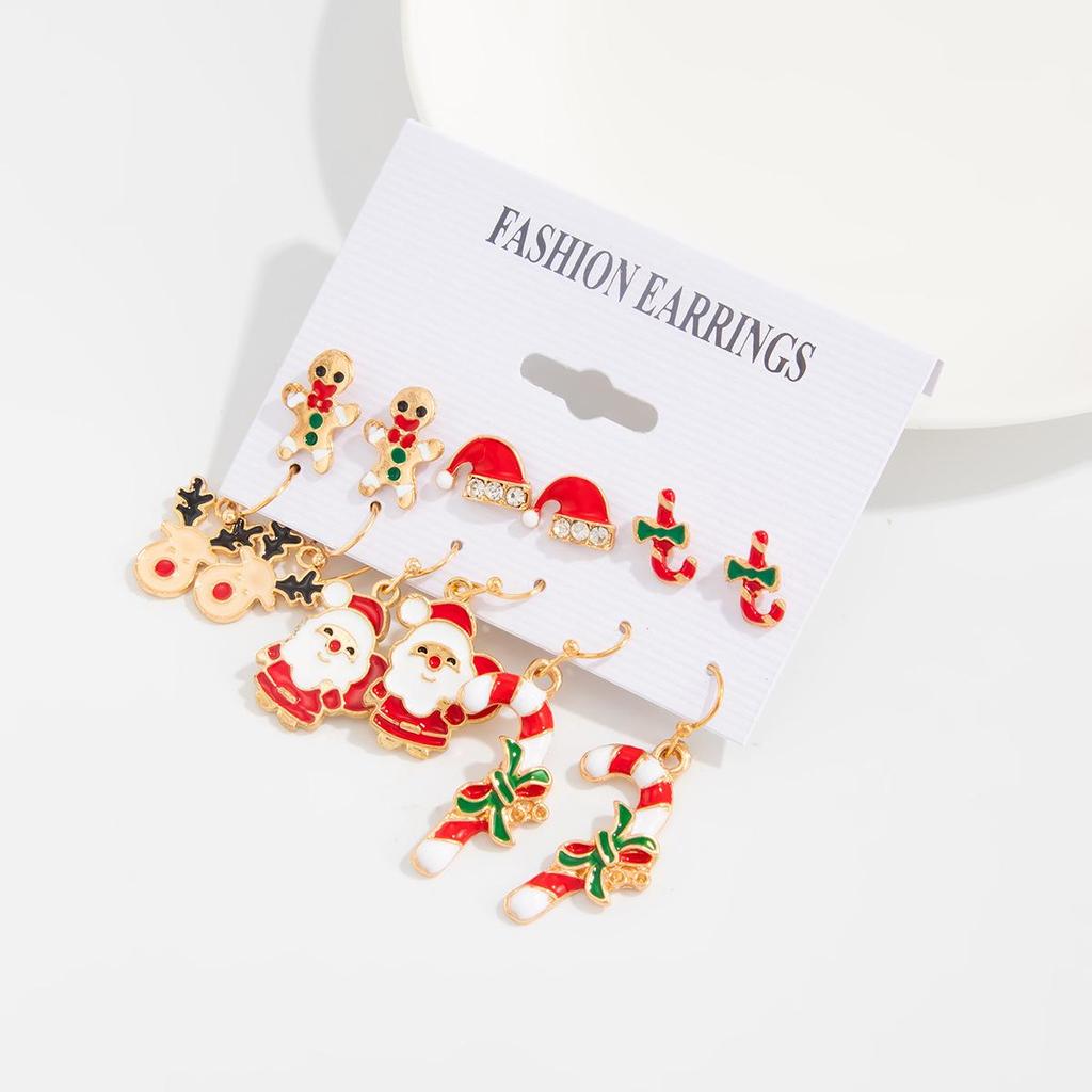 Christmas Reindeer & Santa Claus Stud Earring Set - Festive Cartoon Snowflake Bell Design for Women