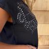Women T-shirt Round Neck Short Sleeve Tee Shirt with Hot Rhinestones Printing Tassel Hem Solid Color Pullover Tops