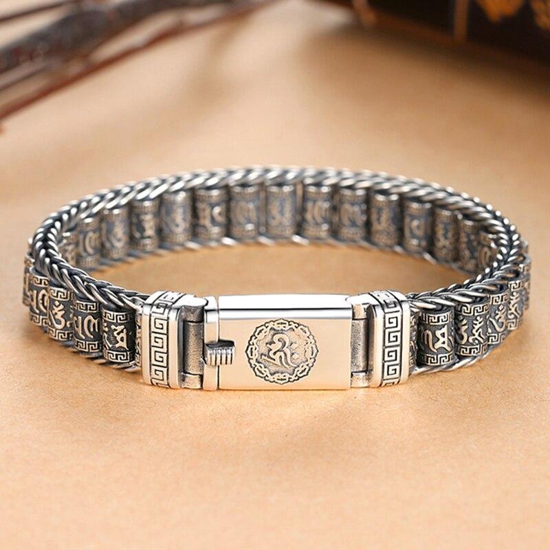 Men 'S Bracelet Simple And Generous Silver Bracelet Hand -Woven Six -Character Mantra Roller Silver Rotatable Silver Chain