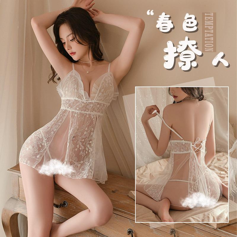 Erotic lingerie, embroidered small flower mesh, sexy see-through nightdress, cute girly style suspender