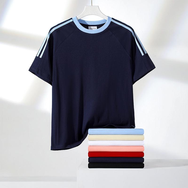 Футболка унисекс из плотного хлопка, однотонная, в американском спортивном стиле, с коротким рукавом и лентой из трех полос, летняя одежда