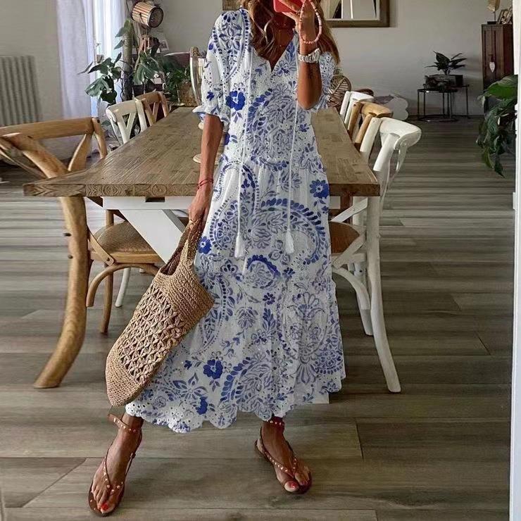 Ladies' Casual V-neck Printed Mid Length Dress for Women