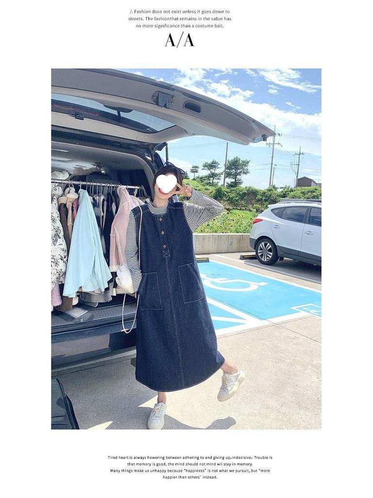 Женский осенний ретро джинсовый жилет и полосатое платье-топ, комплект 2025