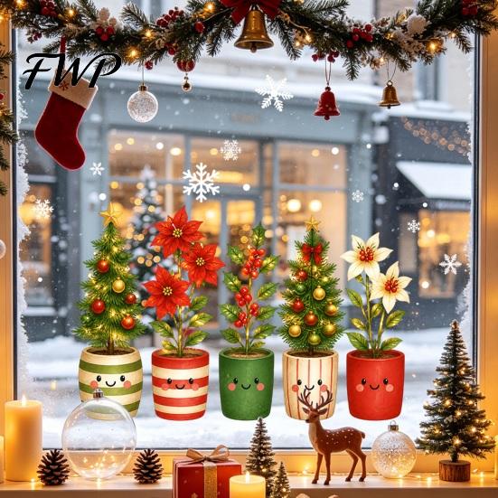 Winter Party Window Supplies 2PCS Christmas Static Clings, Cute Potted Tree Reusable Holiday Ornaments Glass Stickers, Waterproof PVC Decals for Home