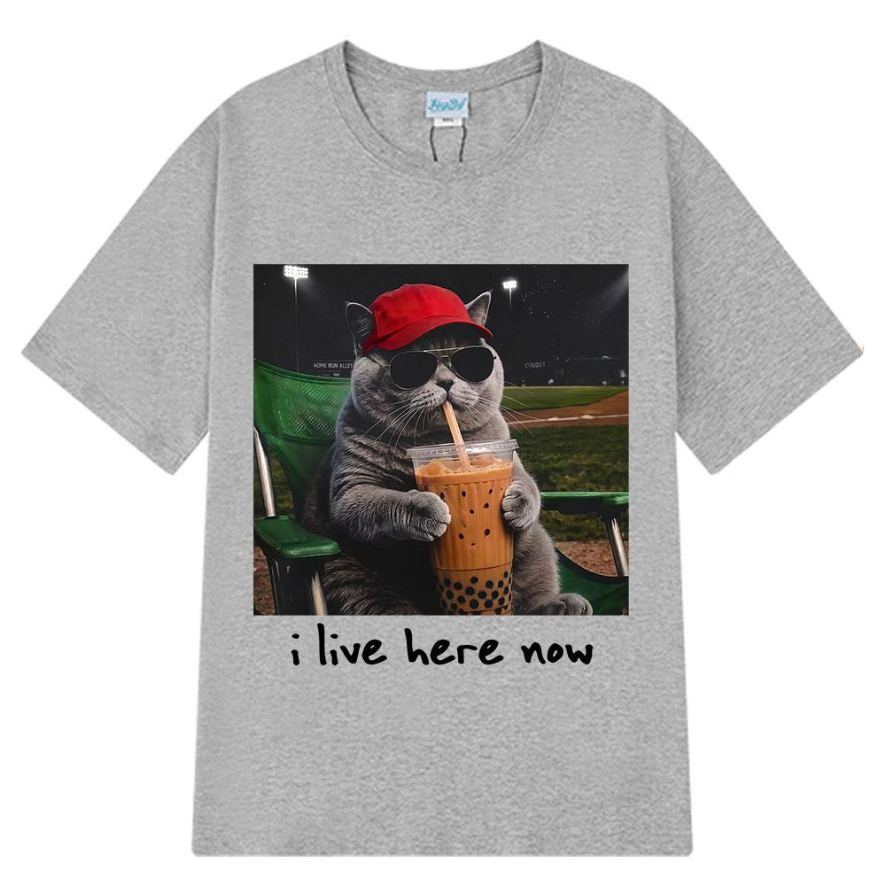 I Live Here Funny Cat Meme Tsunisex Fashion Harajuku Hiphop Tshirts Shortsleeved Loose Casual Hiphop Tshirts Tops