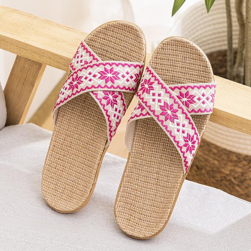 Летние ретро-модные женские нескользящие льняные тапочки