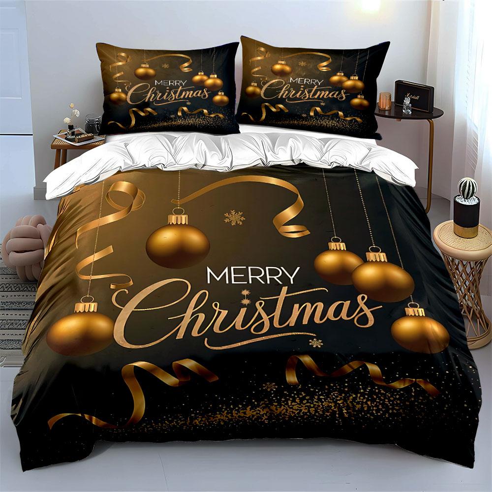Golden Merry Christmas Decor Bedding Duvet Cover Set Duvet Cover Pillowcases (1*Duvet Cover 2*Pillowcases, without duvet insert)