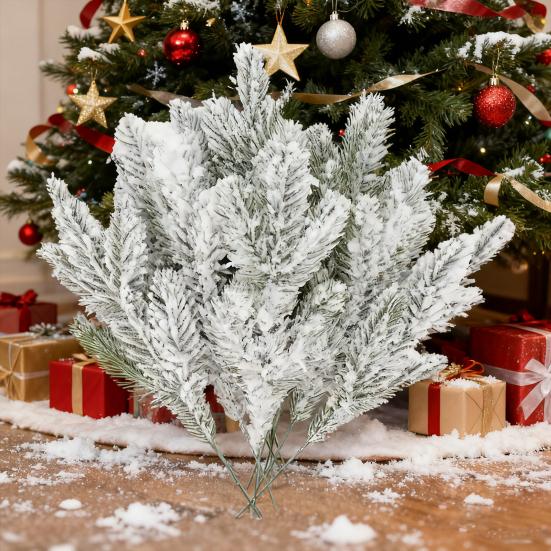 10/20/30Pcs Artificial Snowy Pine Branch 5 Fork Faux Greenery Stem Fake Plants Pick Xmas Holiday Wedding Party Home Decoration