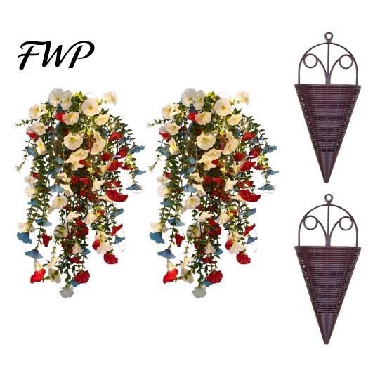 Red White Blue Flowers Patriotic Hanging Basket, Artificial for America's Tri-color Flower Basket 250th Anniversary, UV Fade Resistant Outdoor Indoor