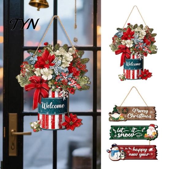 Christmas Door Hanging Sign Welcome for Front Door, Rustic Wooden Ornament, Festival Holiday Party Wall Art Decor with Lanyard Home Window Decoration
