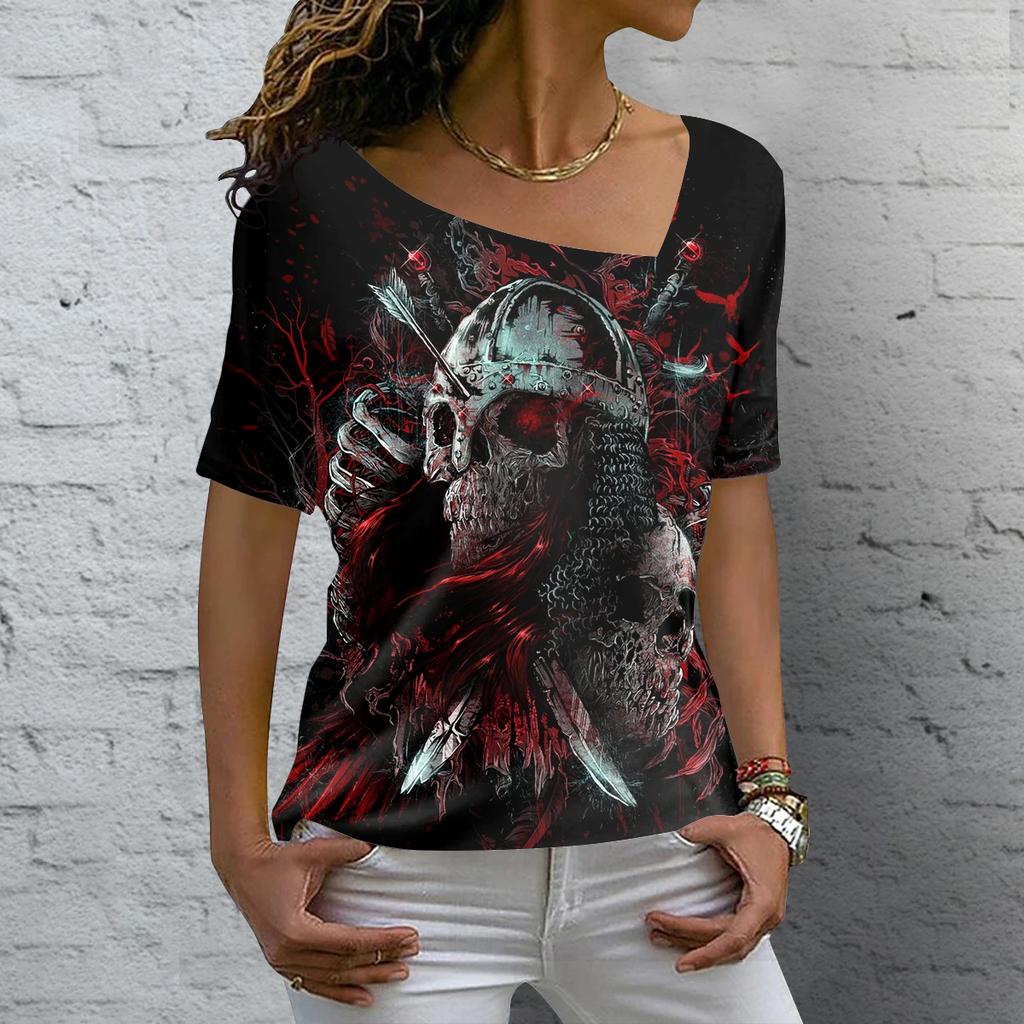 Винтажная женская футболка с черепом и 3D принтом, косой воротник, блузки, повседневный пуловер с короткими рукавами, топы, летняя одежда больших размеров, футболки