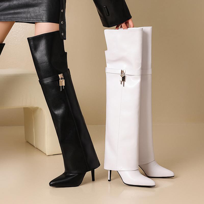 Krazing Pot Cow Split Skin Microfiber Pointed Toe Thin High Heels Size 46 Size 45 Slip On Plus Size Women Keep Warm Over-the-knee Boots