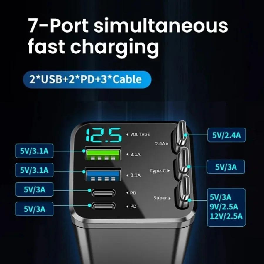 Автомобильное зарядное устройство 150 Вт PD30W Автомобильный адаптер прикуривателя Дисплей напряжения с выдвижным кабелем Быстрая зарядка 22,5 Вт для iOS Android