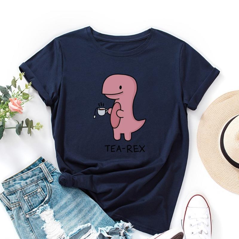 Summer Women's Pink Printed Dinosaur Pure Cotton Loose Round Neck Short Sleeved T-Shirts Women’s