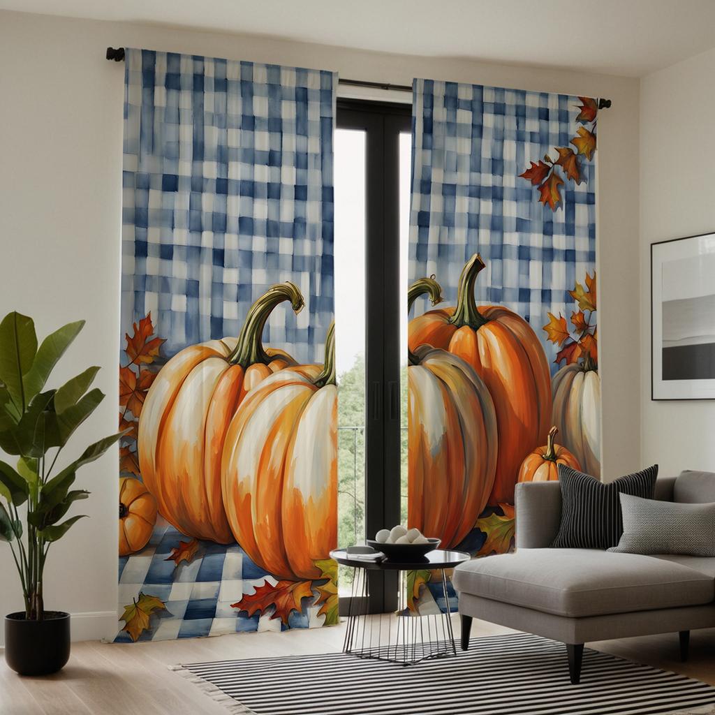 2 шт. HD синяя клетчатая занавеска с тыквой и кленовым листом, декоративная занавеска с желтой завязкой и цифровой печатью, украшение для дома в стиле