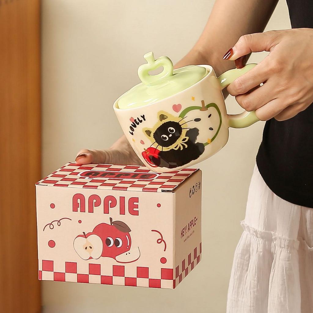 Cartoon Cat Apple Mug High Looking Ceramic Cup with Lid Souvenir for Girls Couple Home Water Cup with Lid