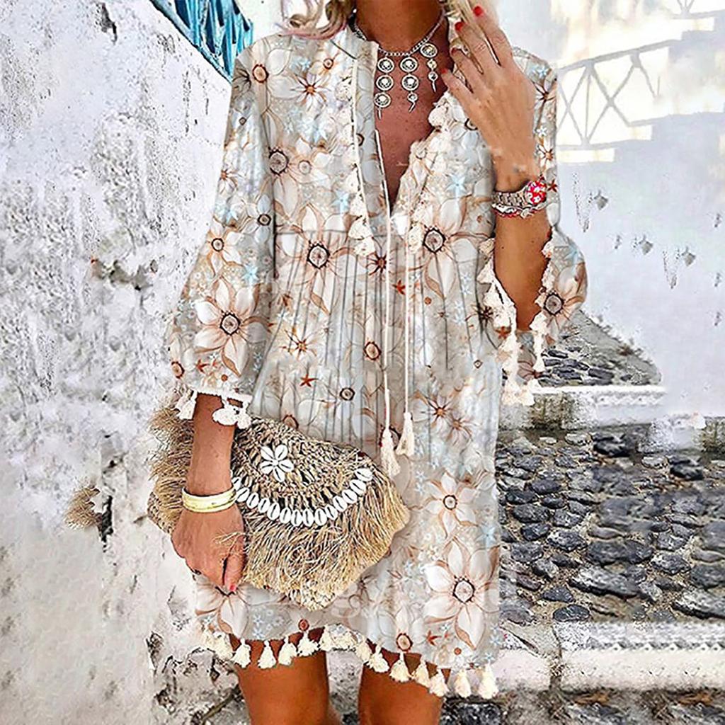 Женское модное платье в стиле бохо с рукавом три четверти, кружевное мини-платье с v-образным вырезом и кисточками