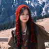 Red Hand Woven Tassel Ball Wool Hat for Women Warm Ear Protection Straps Knitted Hat Large Head Circumference Pullover Hat