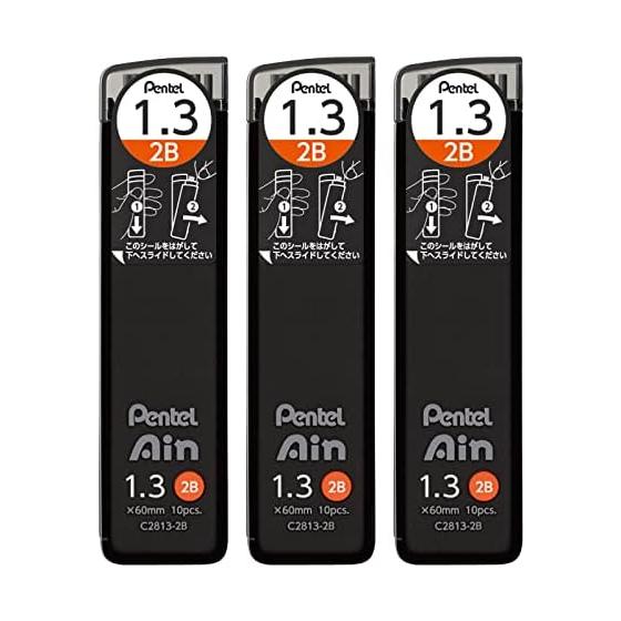 Стержни для карандаша Pentel Ain 1.3мм 2B, 3 шт. (AMZ-XC28132B3P) - Гладкий, Ударопрочный, Не размазывается, Высокопроизводительный