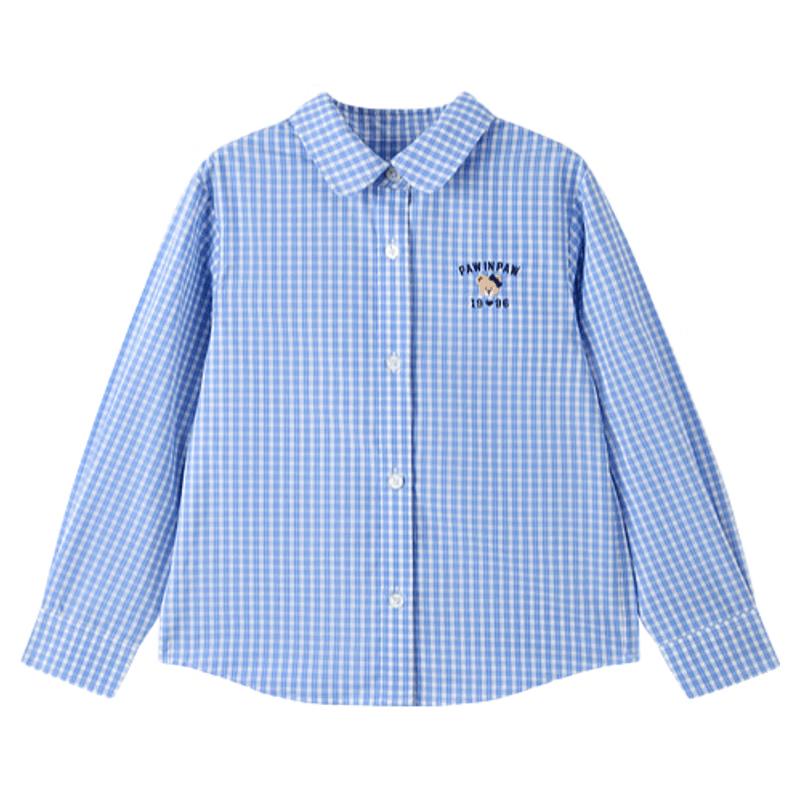 PawinPaw Girls' Cool-Touch Cartoon Bear Plaid Lapel Shirt