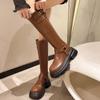 Metal Buckle Square Toe Knee High Boots Women Black PU Leather Punk Long Boots Woman Autumn 2025 Chunky Heels Motorcycle Booties