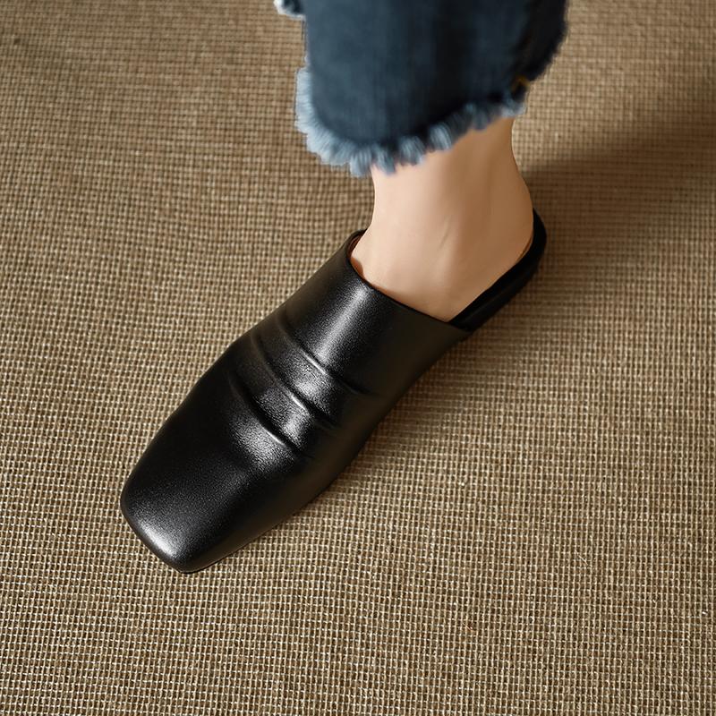 Мода 2025 Новые Сандалии Женские Натуральная Кожа Квадратный Носок Слипоны Балетки Летние Шлепанцы Мягкие Удобные Повседневные Женские Уличные Мюли