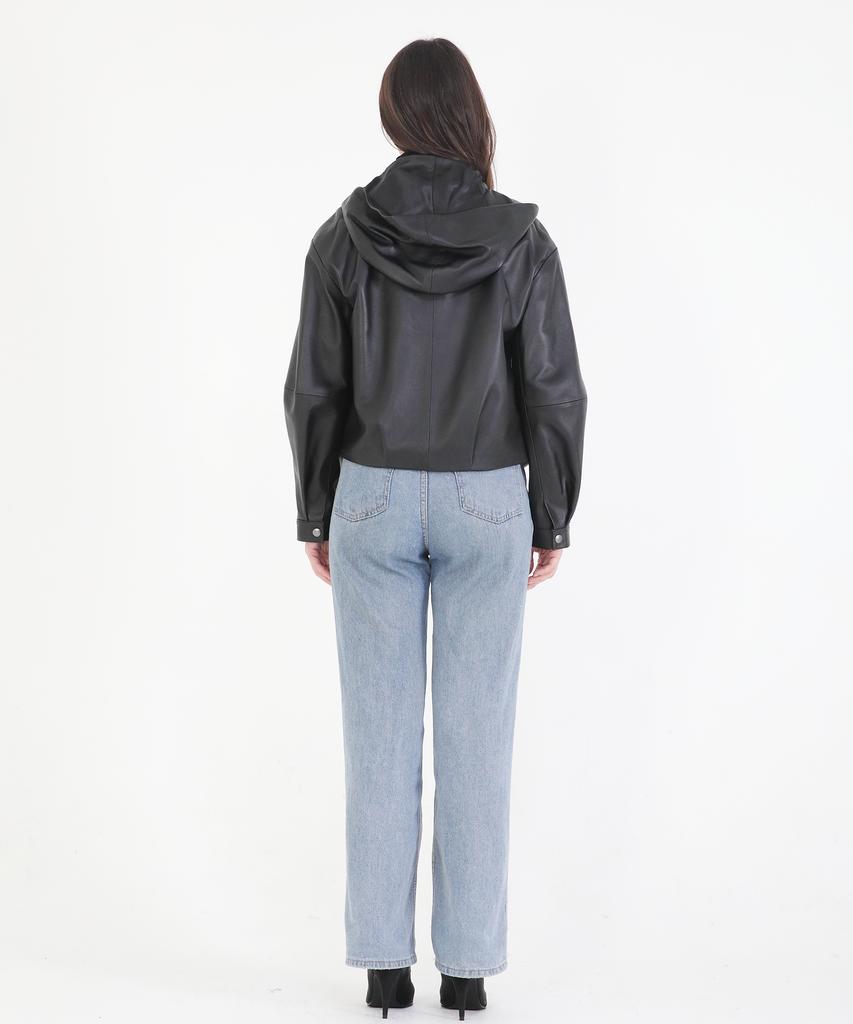 COLORZ NEW YORK Hooded Leather Crop Jacket_Bk