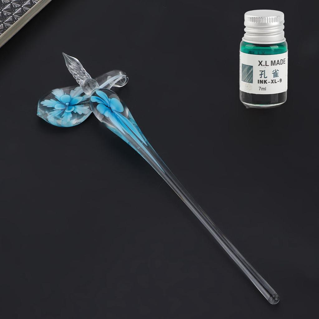 Retro Elegant Flower Glass Dip Pen Signature Ink Fountain Pen with Ink Penholder Pink