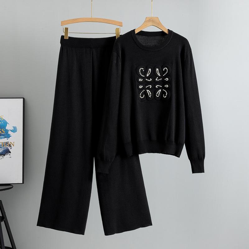 Плюс Размер Женский Новый Осенний Вязаный Свитер Широкие Брюки Мода Простой Темперамент Двухсекционный Костюм