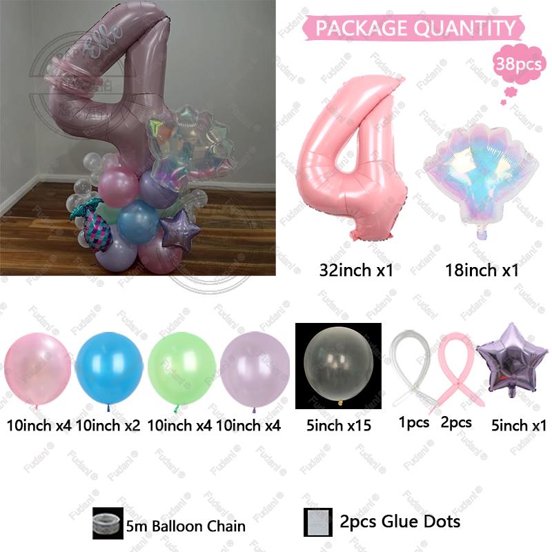 38PCS/SET Mermaid Shell Balloon Set With Aluminum Film Pink Digital 1-9 Birthday Party Family Decoration Shell Balloons