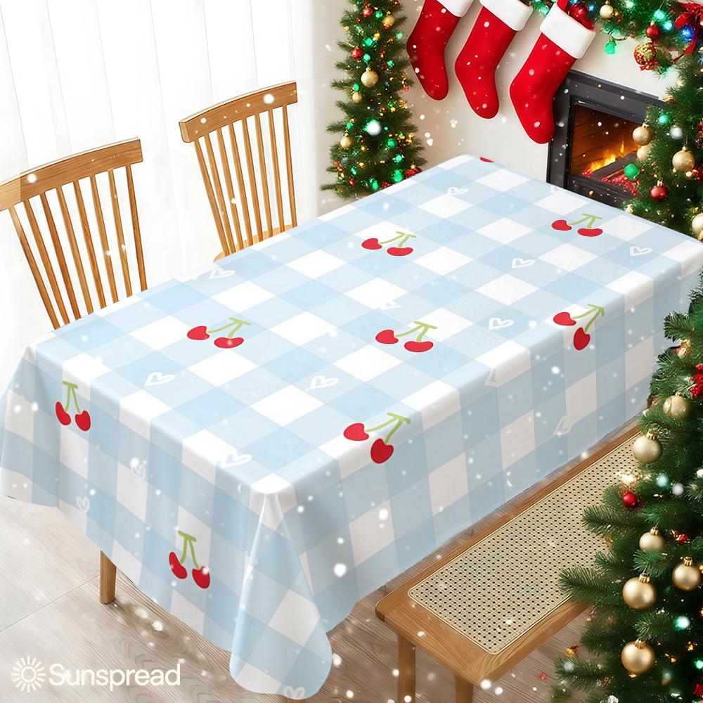 Blue Gingham Cherries Heart Table Cloth Waterproof Tablecloth Spill Proof Table Cloth, Wipe Clean Table Cloth for Dining Camping