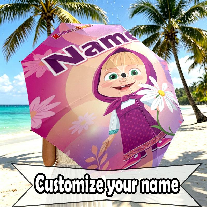 Custom Name Personalized Masha and the Bear Print Umbrella, Auto Open Close, 8‑Rib Sturdy Frame, Commute Camping Hiking Use, Birthday Gift