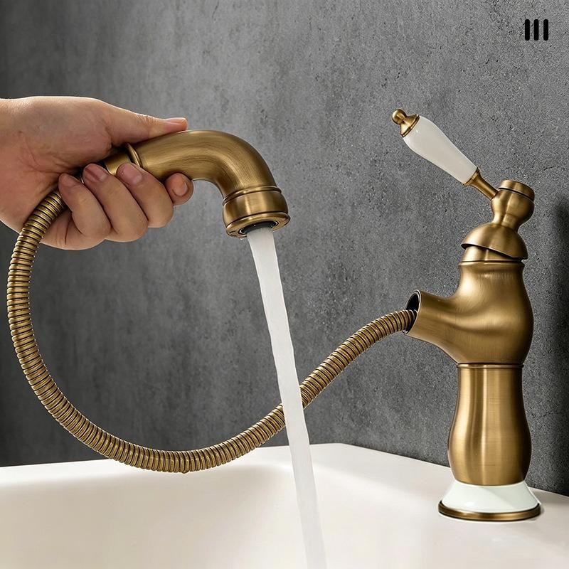 Retro brass pull-out faucet with single-hole cold and hot water spout