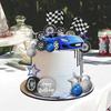 Racing Birthday Cake Topper Set Blue Car and Tyre Decor with Flags for Boy Children Party Supplies and Decorations