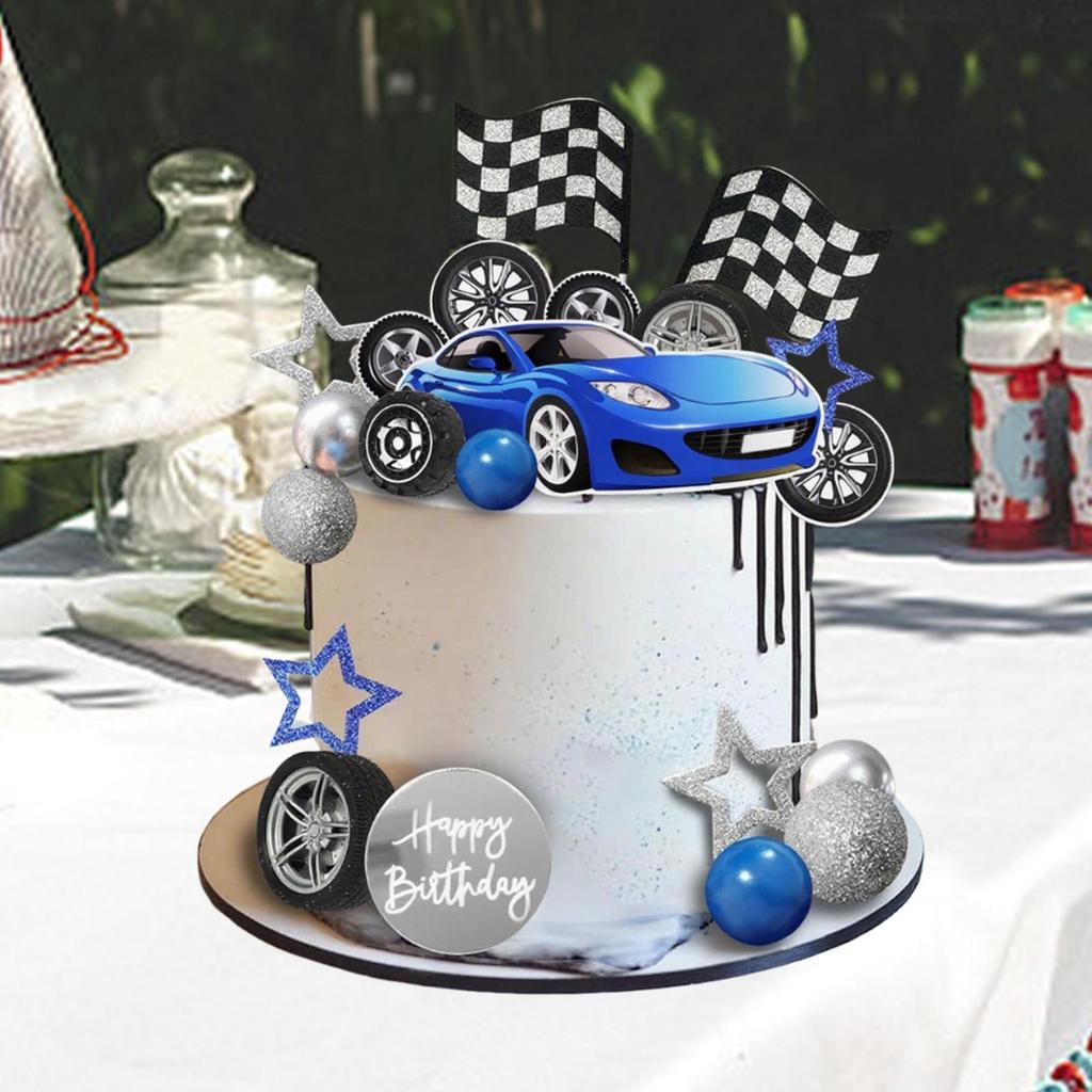 Racing Birthday Cake Topper Set Blue Car and Tyre Decor with Flags for Boy Children Party Supplies and Decorations